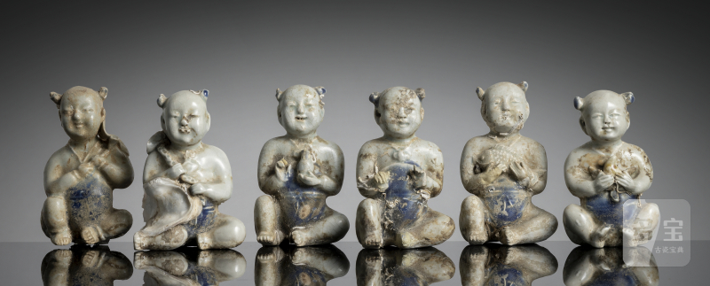 A group of six underglaze-blue painted porcelain boys